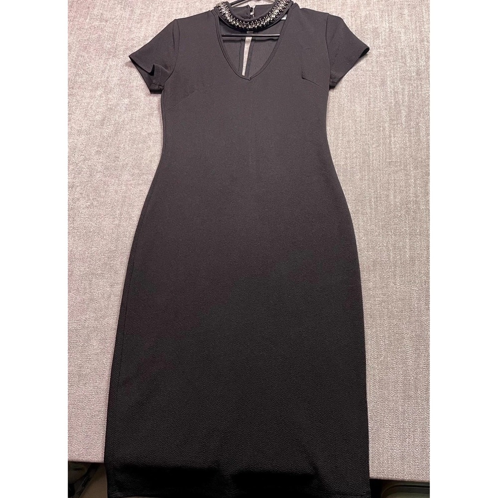 Almost Famous Sheath Dress Womens Large Black Embellished V Neck Keyhole Back